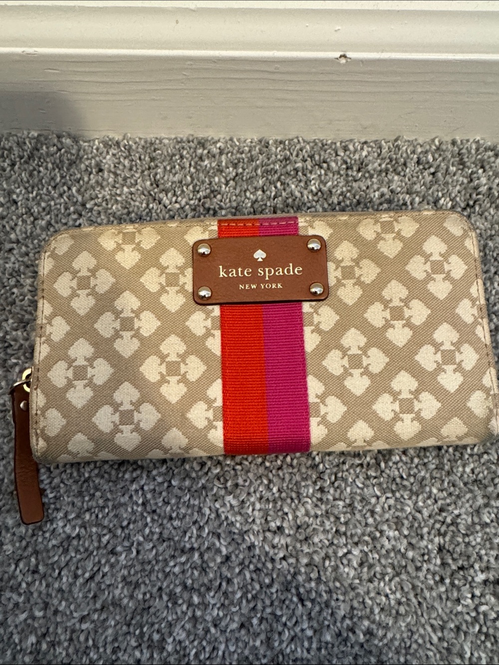 kate spade Beige Canvas Zip Wallet with Red & Pink Center Stripe
